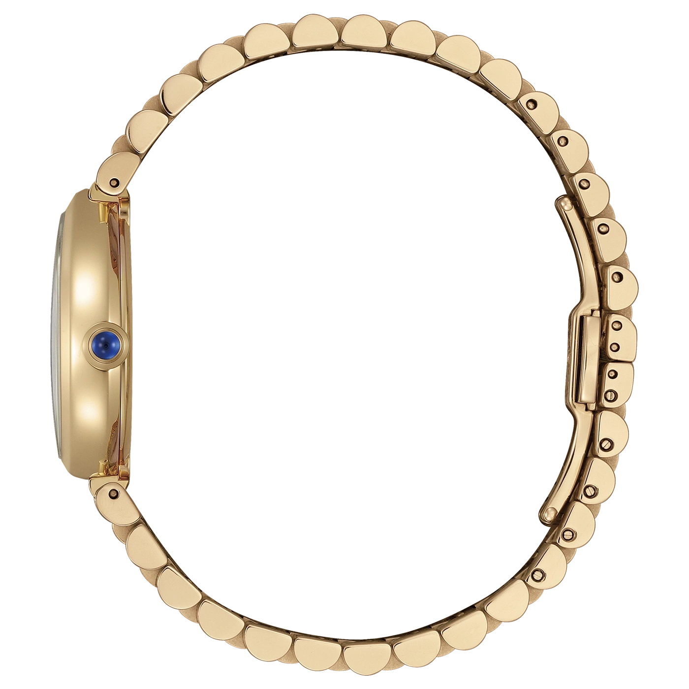 Goldenes Armbanduhr mit blauem Zifferblatt und Schnalle.