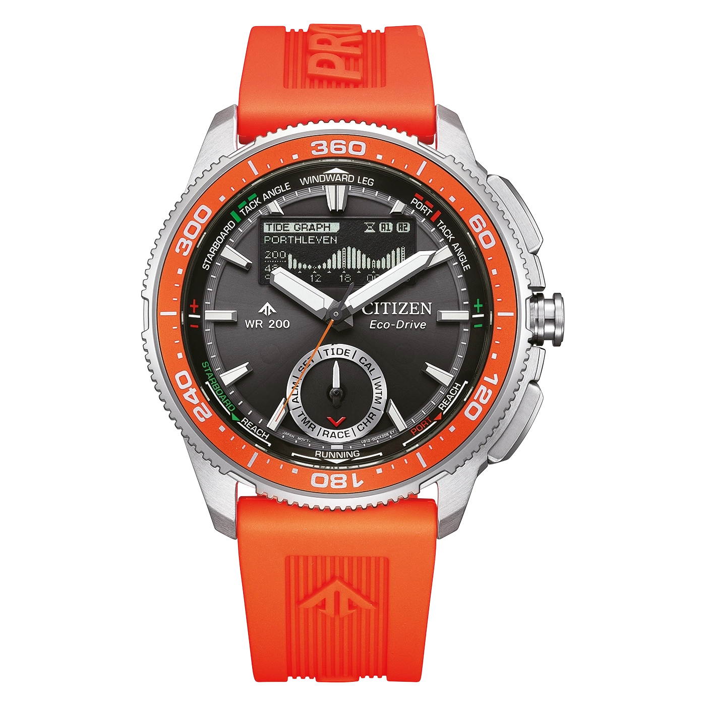 Montre Citizen Eco-Drive orange et grise avec bracelet en caoutchouc.