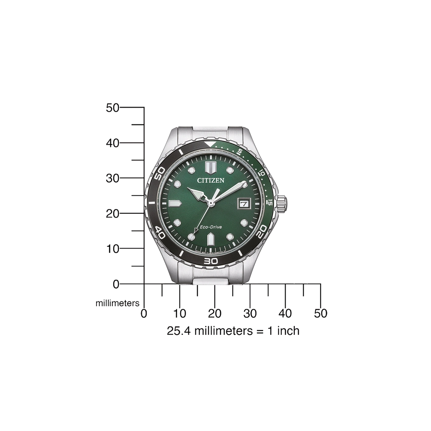 Montre Citizen verte Eco-Drive sur une règle graduée en millimètres.