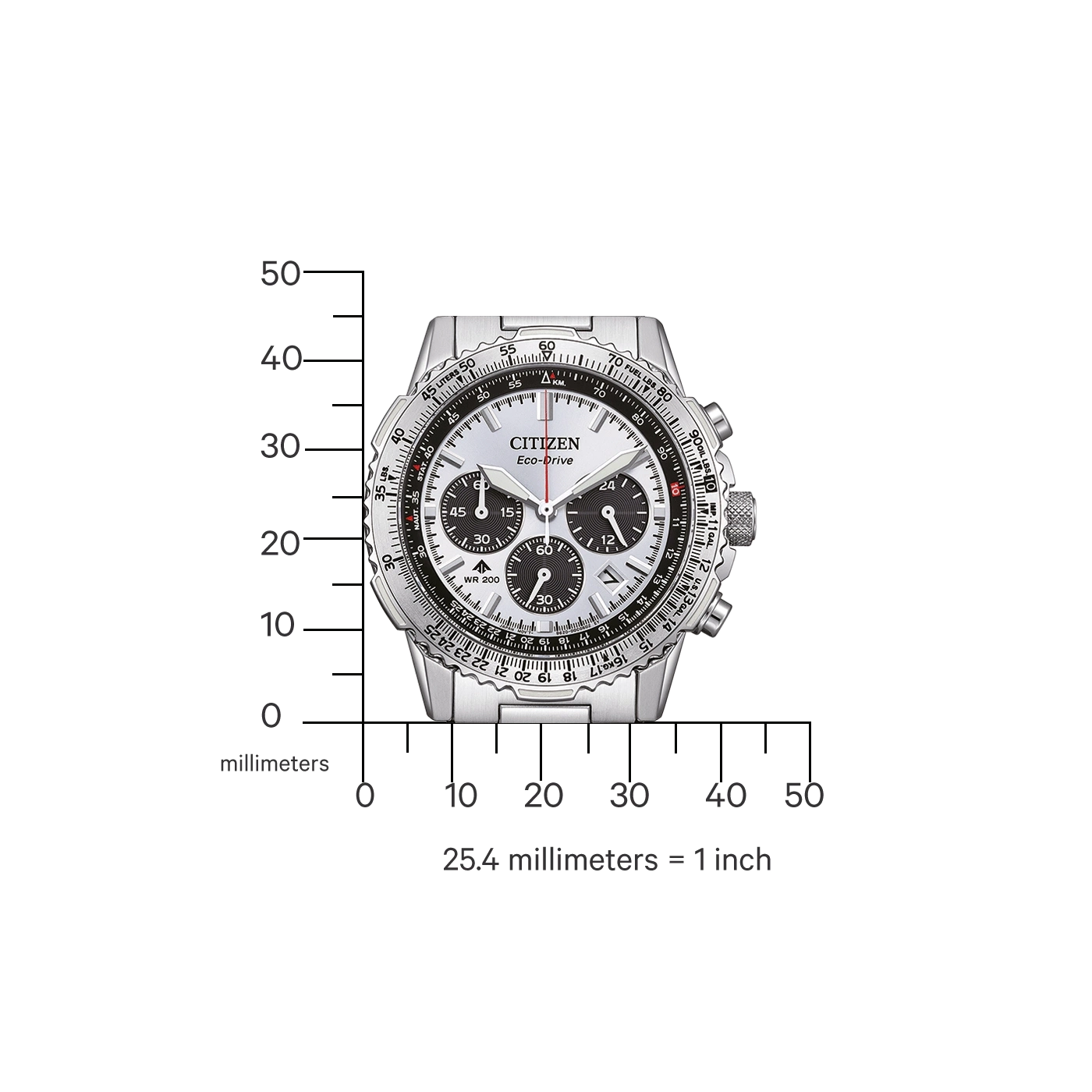 Montre Citizen Eco-Drive argentée avec échelle de mesure en millimètres