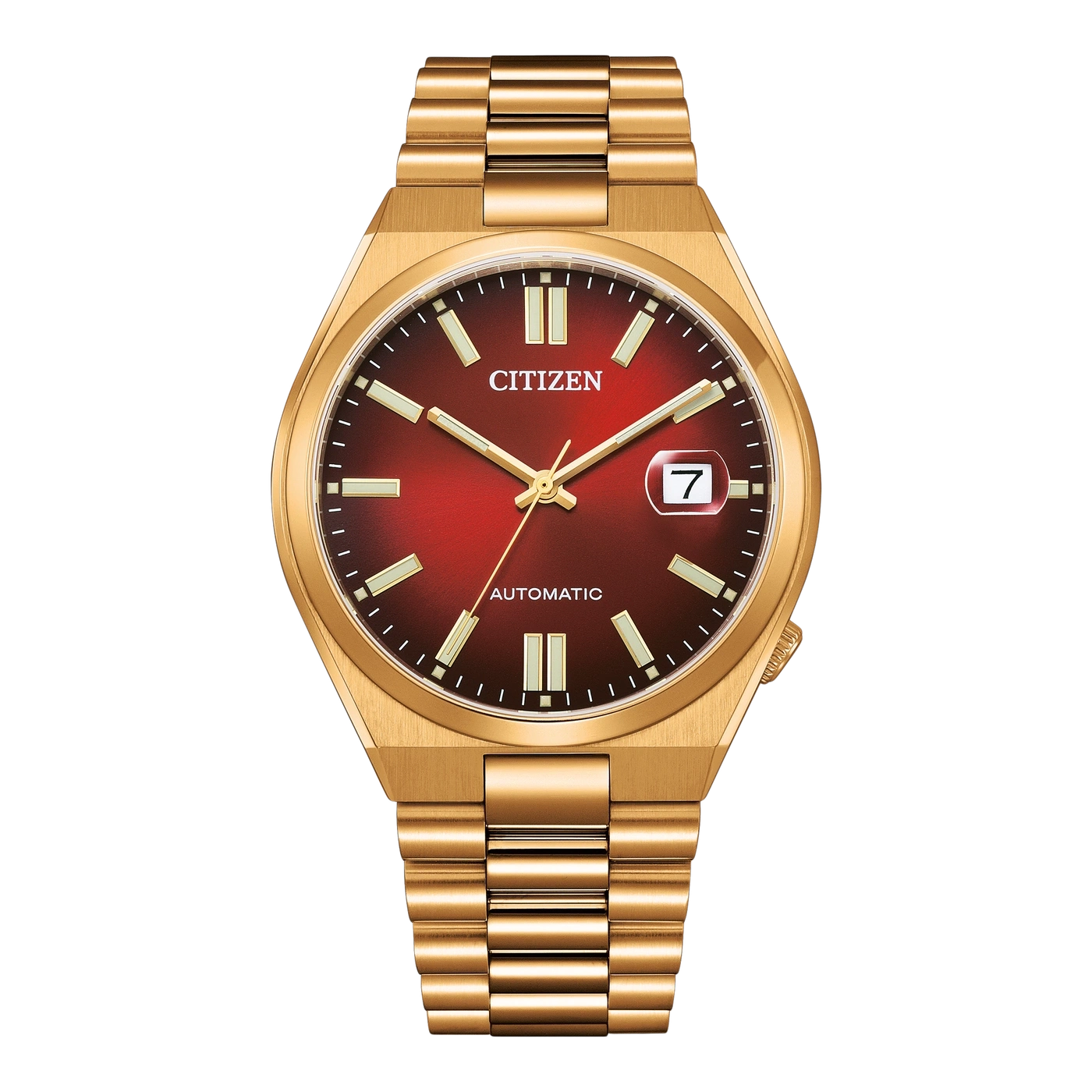 Une montre Citizen dorée avec un cadran rouge et un bracelet métallique.