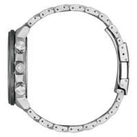 Vue latérale d'une montre argentée avec bracelet en métal et lunette noire.