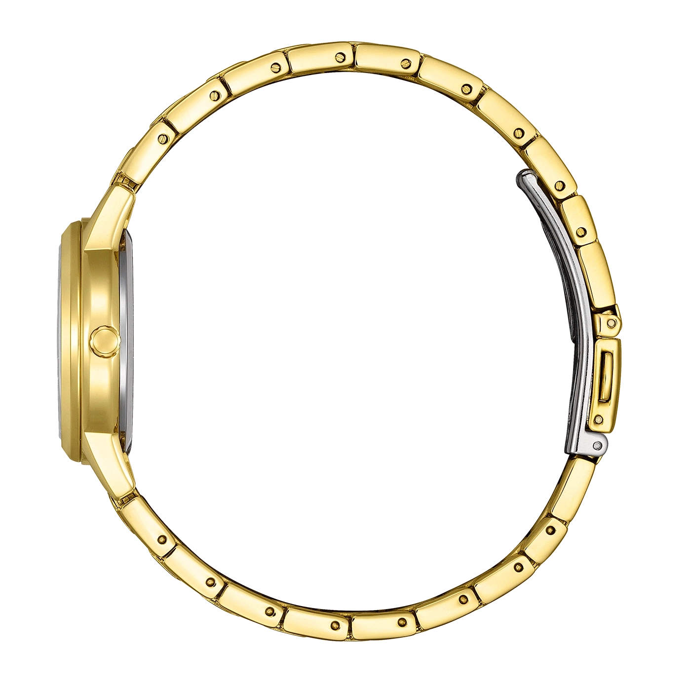 Montre bracelet en or, vue latérale, bracelet fermé sur fond blanc.