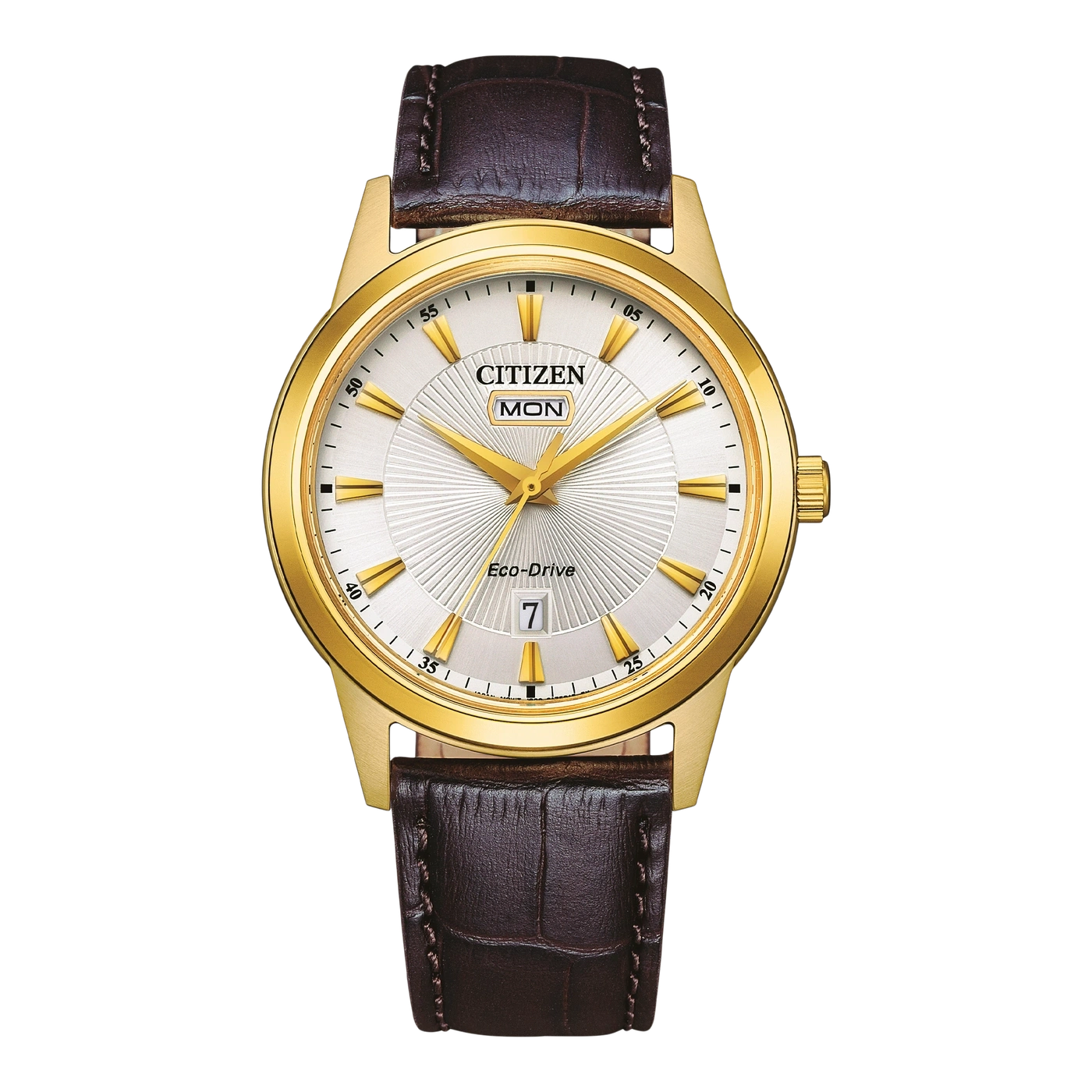 Une montre Citizen dorée avec un bracelet en cuir marron.