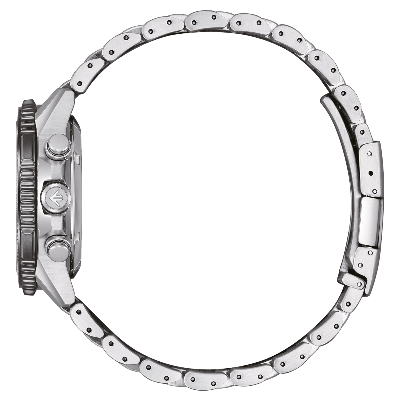 montre bracelet en argent avec logo sur le côté.