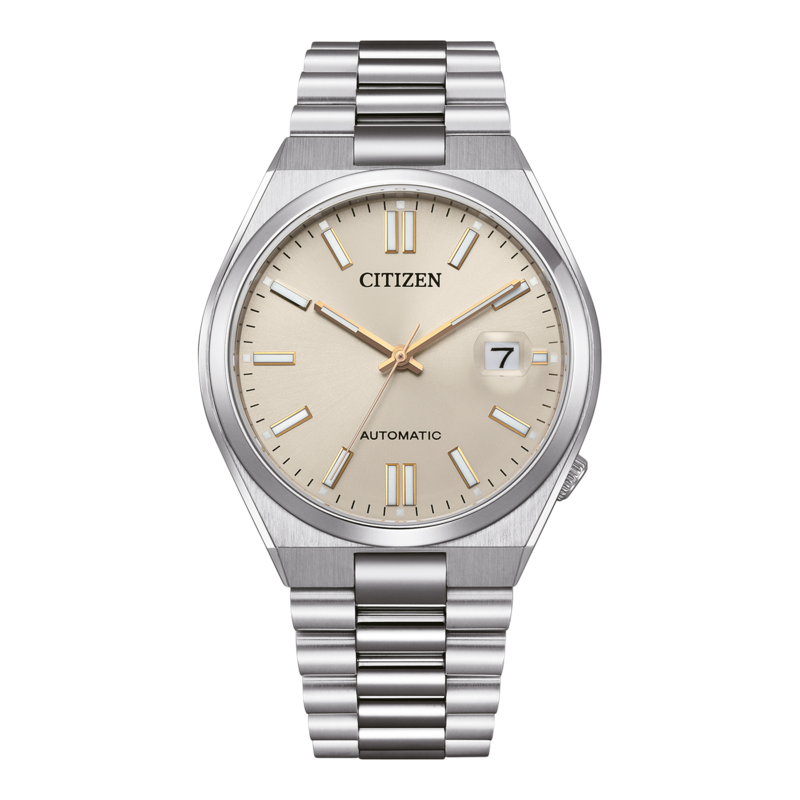 Citizen Automatik-Uhr mit champagnerfarbenem Zifferblatt und silbernem Armband.