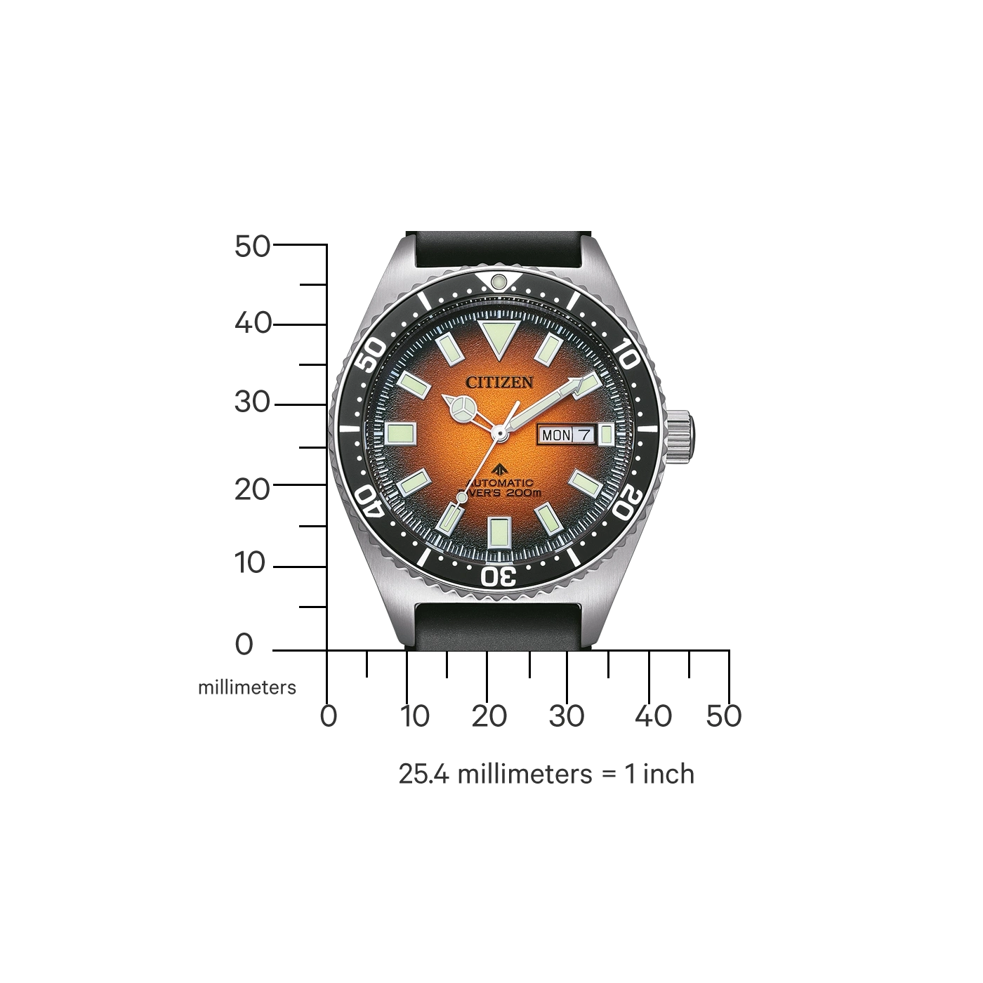 Montre Citizen automatique, cadran orange et noir, avec bracelet en tissu.