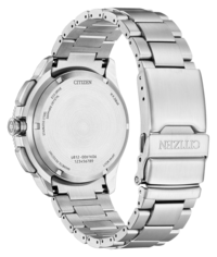 Achterkant van een Citizen-horloge van roestvrij staal met metalen band