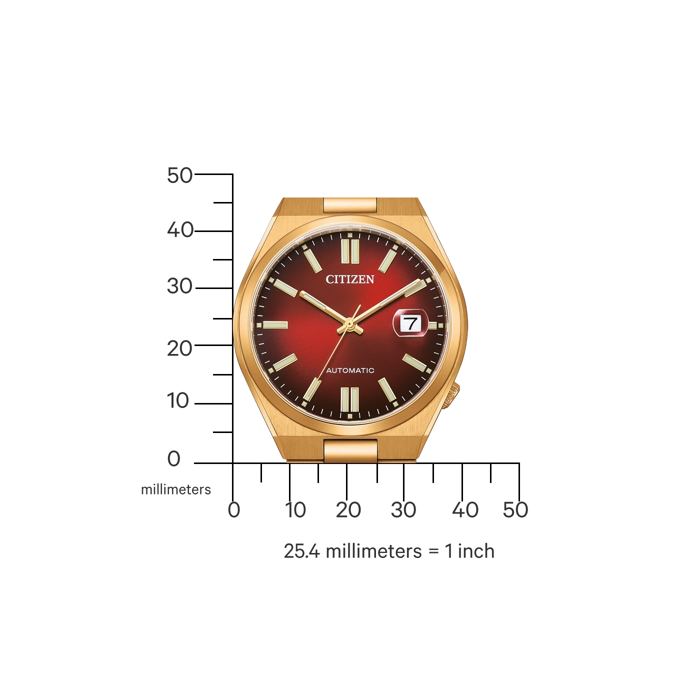 Une montre Citizen dorée avec un cadran rouge est mesurée.