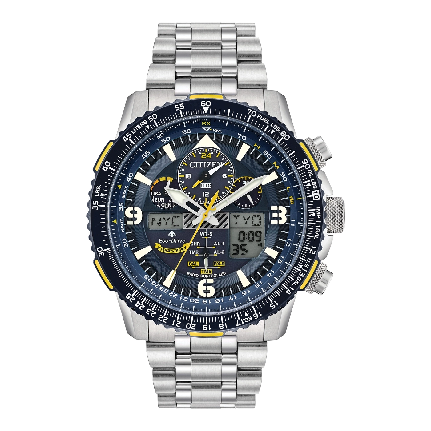 Une montre Citizen avec un bracelet en argent et un cadran bleu.