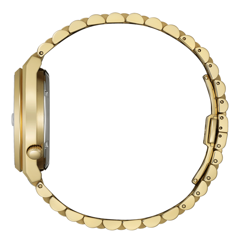 Vue latérale d'une montre en or, design élégant, bracelet circulaire, accessoire de luxe, chronomètre.