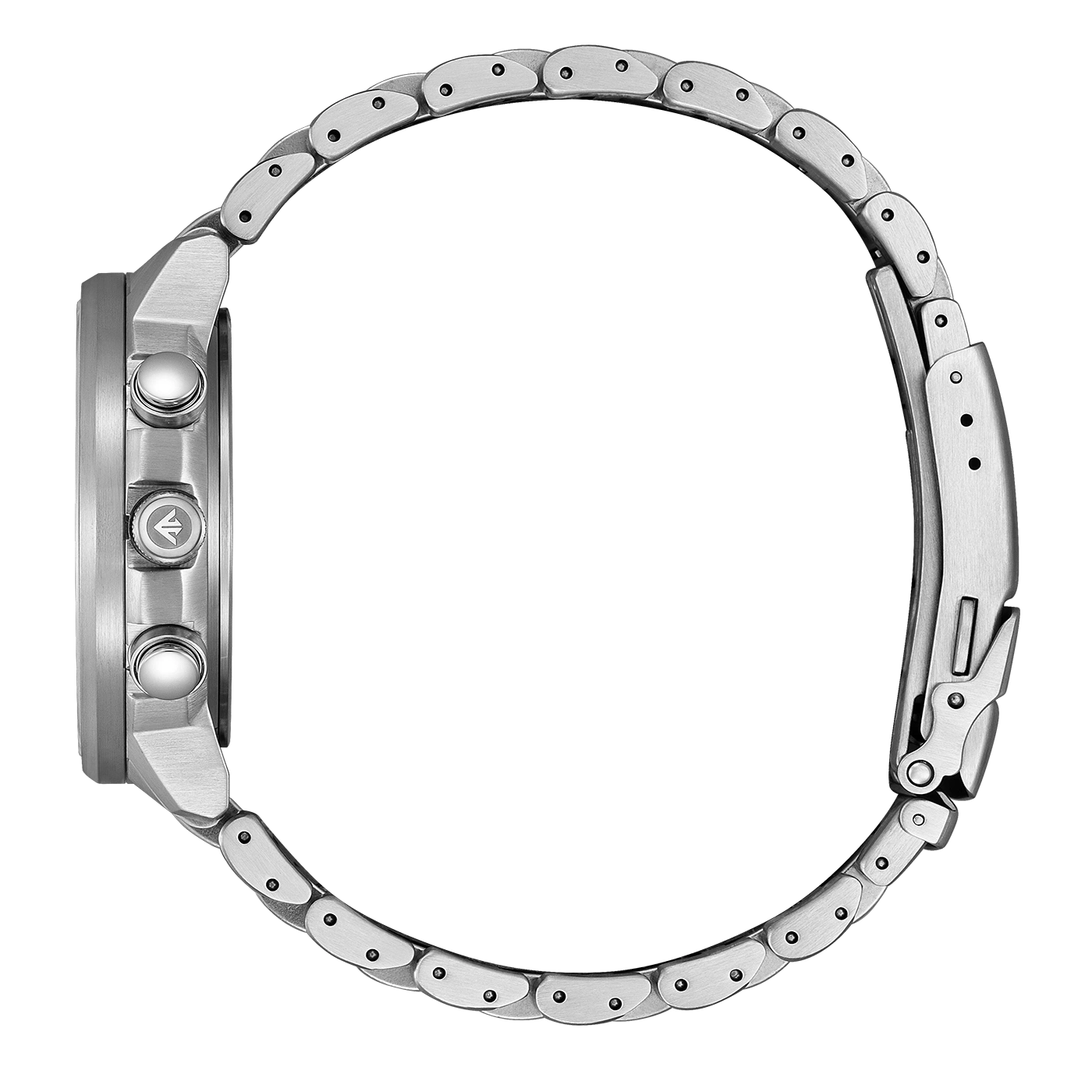 Gros plan d'un bracelet de montre argenté en métal sur fond noir.