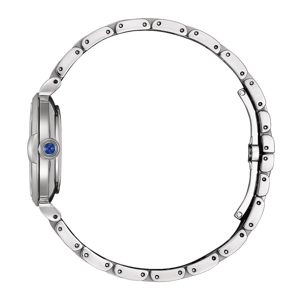 Montre bracelet en argent avec une pierre bleue sur la couronne.