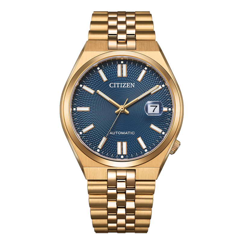 Montre Citizen dorée avec cadran bleu et affichage de la date, mouvement automatique.