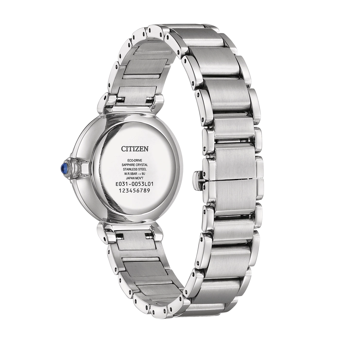Une montre Citizen Eco-Drive avec un bracelet en acier inoxydable et un cadran rond.