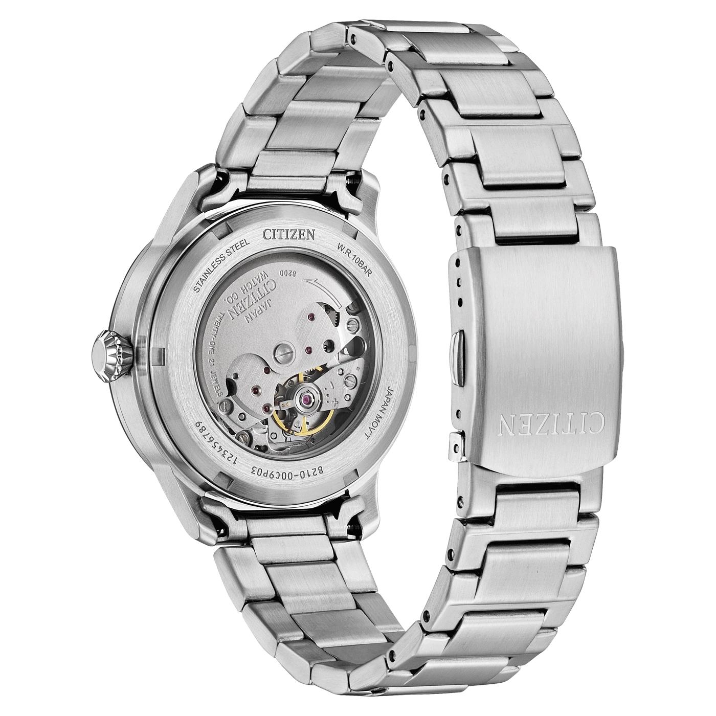Une montre Citizen en acier inoxydable avec un mouvement apparent.