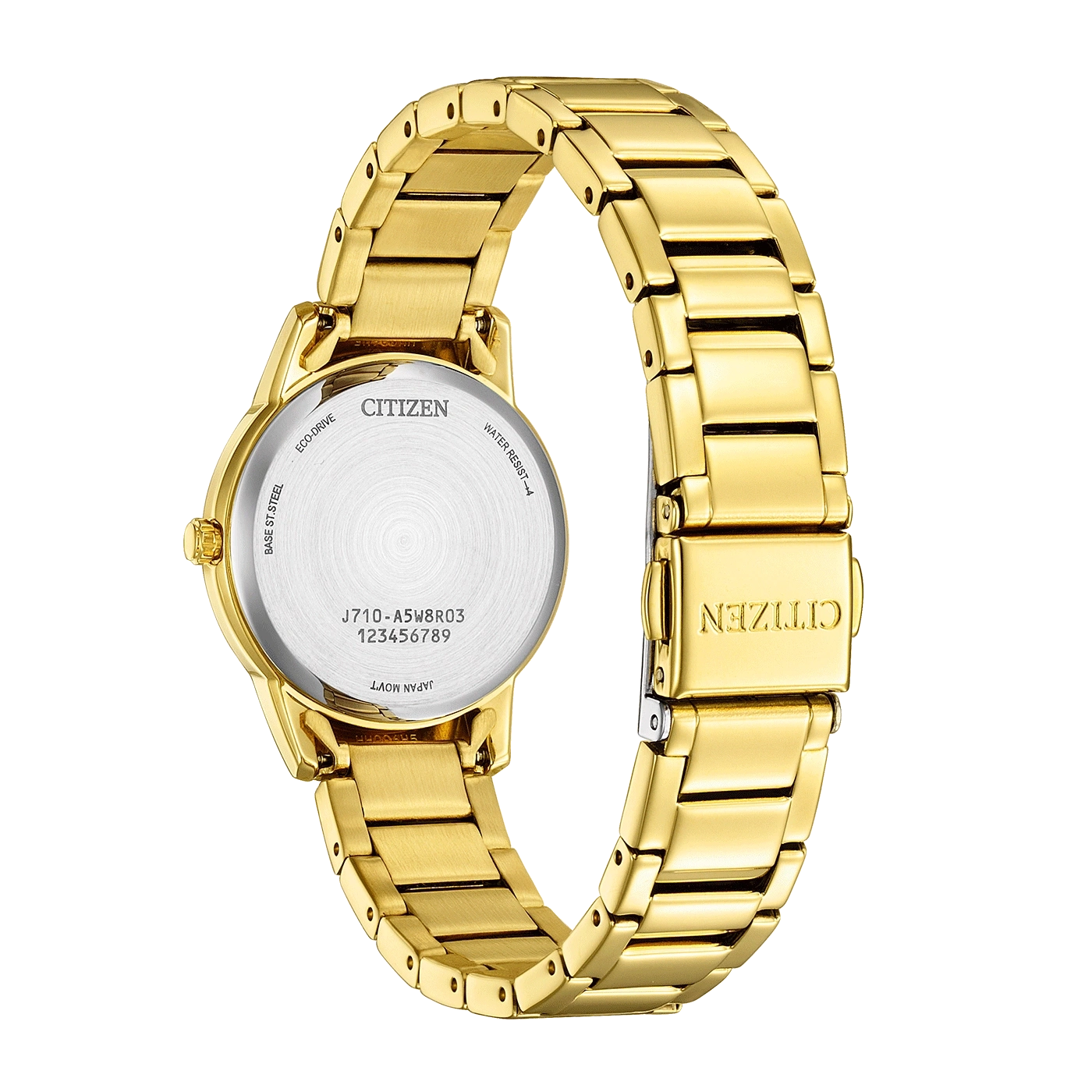 Montre Citizen dorée, vue de dos avec bracelet et fermoir.
