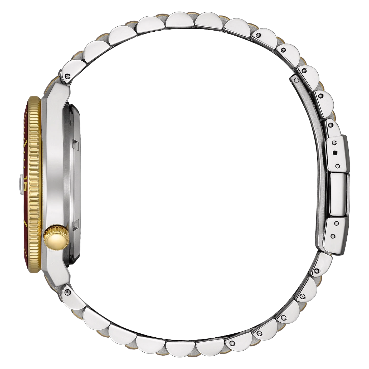 Gros plan sur un bracelet de montre argenté et doré avec une lunette rouge et dorée.