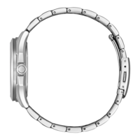 Vue latérale d'une montre-bracelet argentée avec bracelet en métal, design élégant.