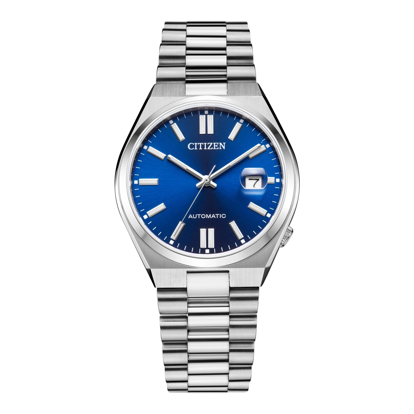 Montre homme Citizen avec cadran bleu et bracelet argenté.