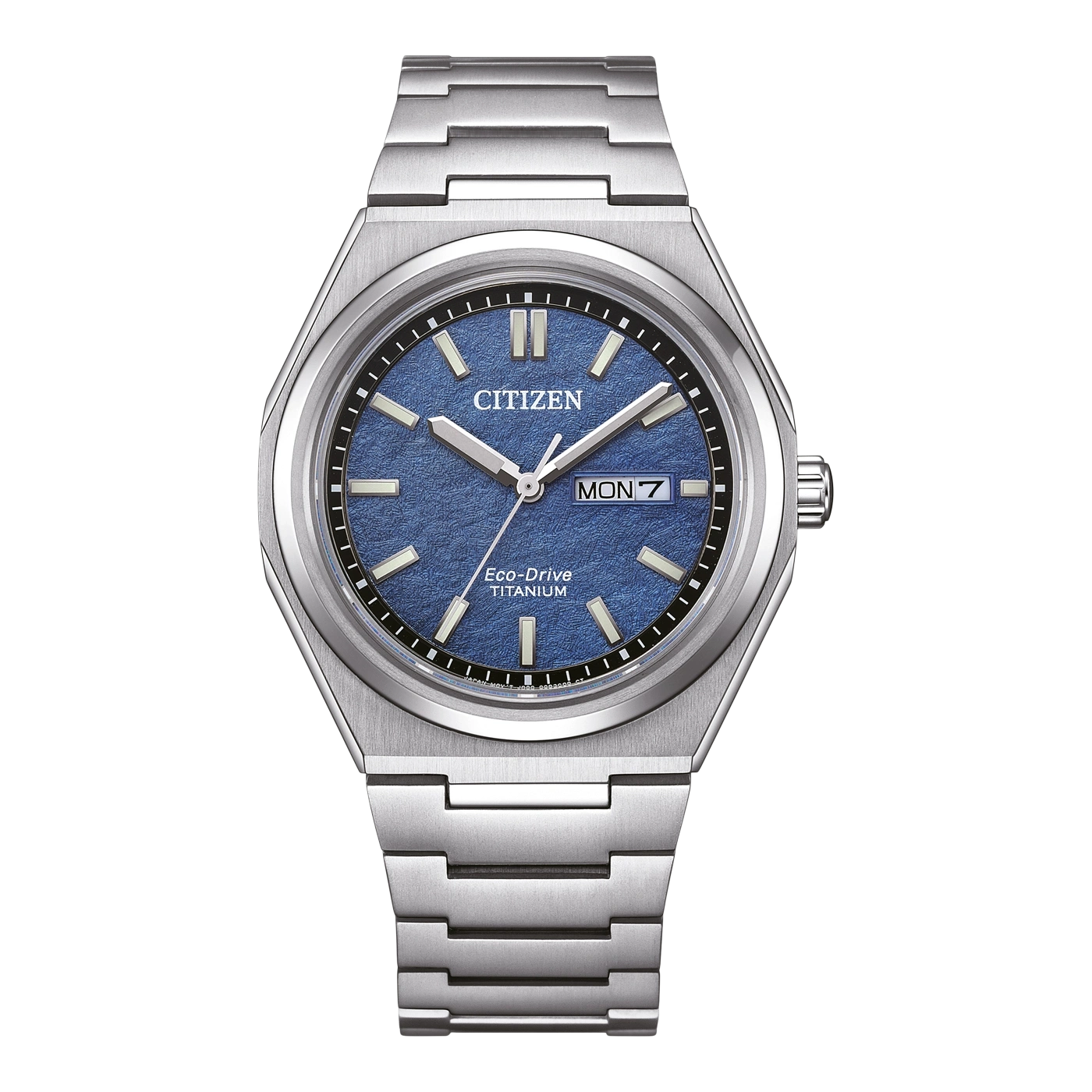 Montre Citizen Eco-Drive en titane bleu avec bracelet en acier.