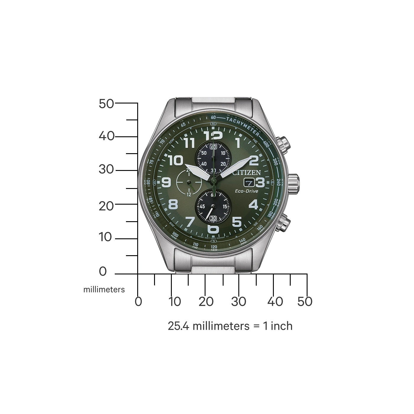 Montre Citizen Eco-Drive verte avec échelle tachymétrique, mesurée en millimètres.