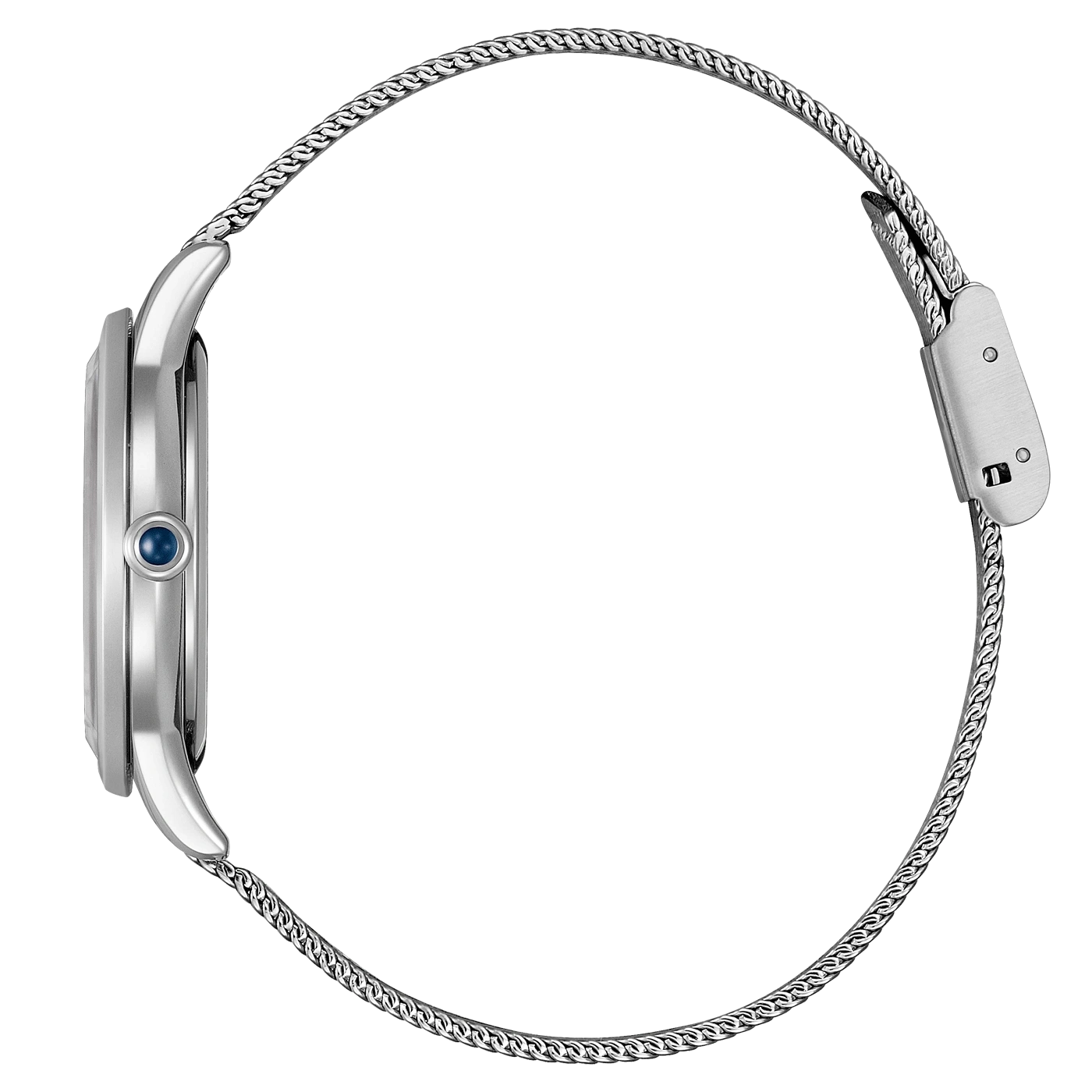 Une montre bracelet en argent avec un bracelet en maille est montr
e sur un fond blanc.
