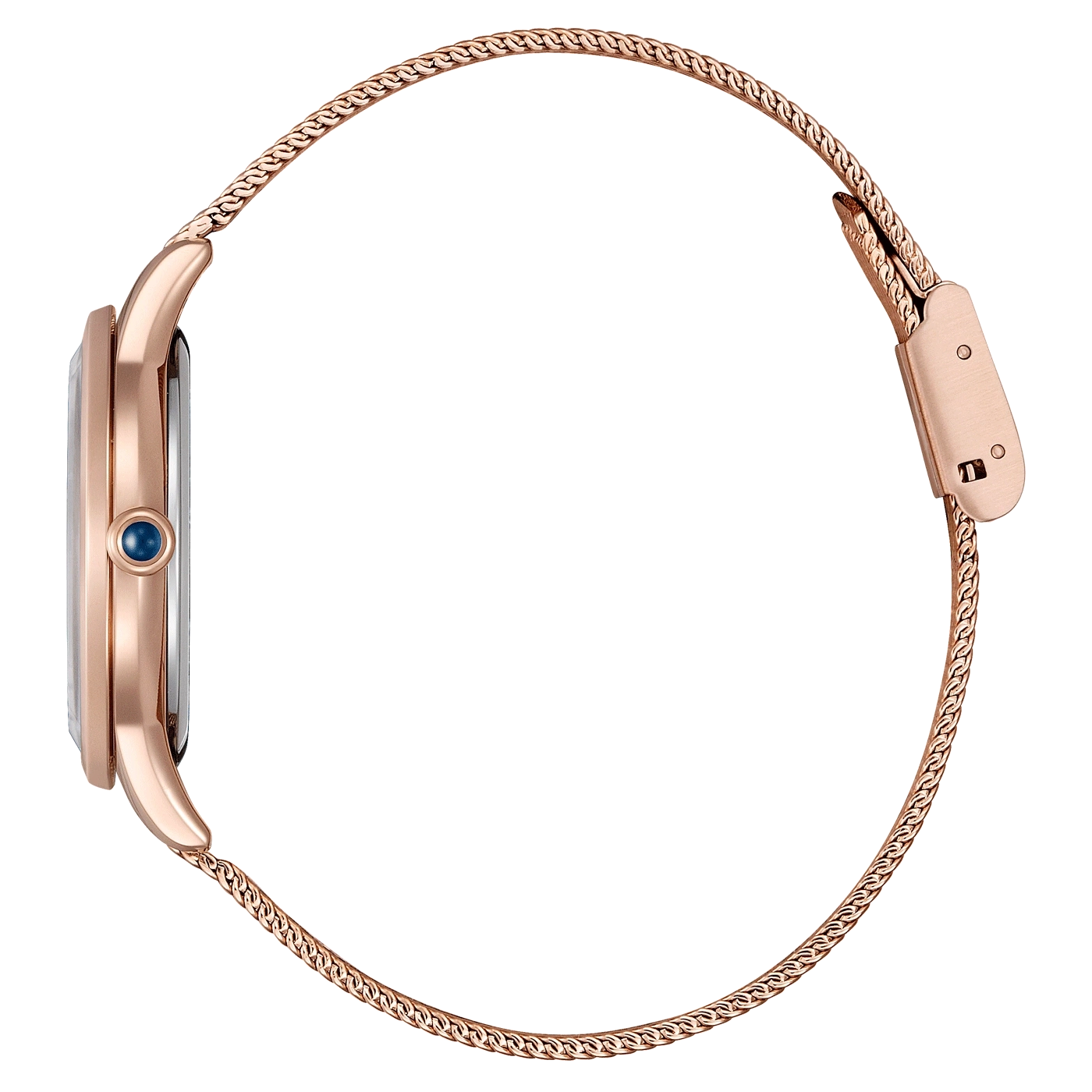 Vue latérale d'une montre bracelet en or rose sur fond blanc.