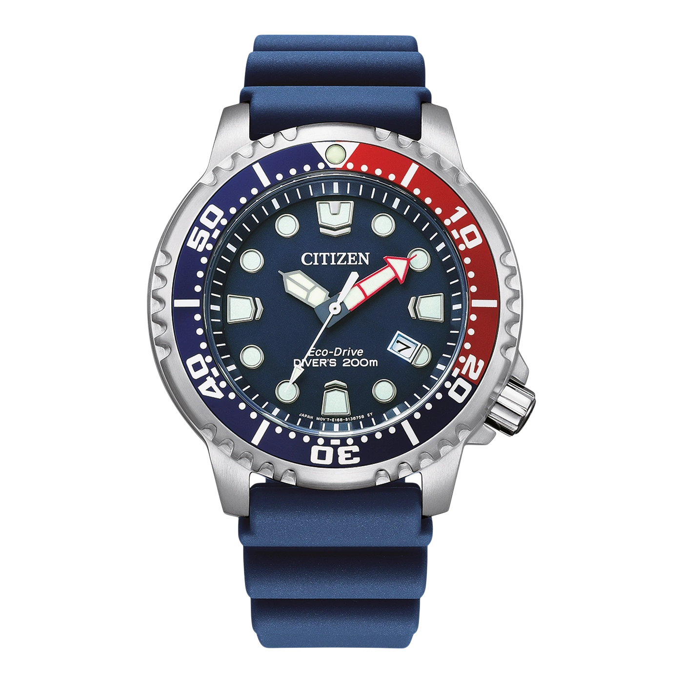 Montre de plongée Citizen Eco-Drive avec bracelet bleu et lunette bicolore.