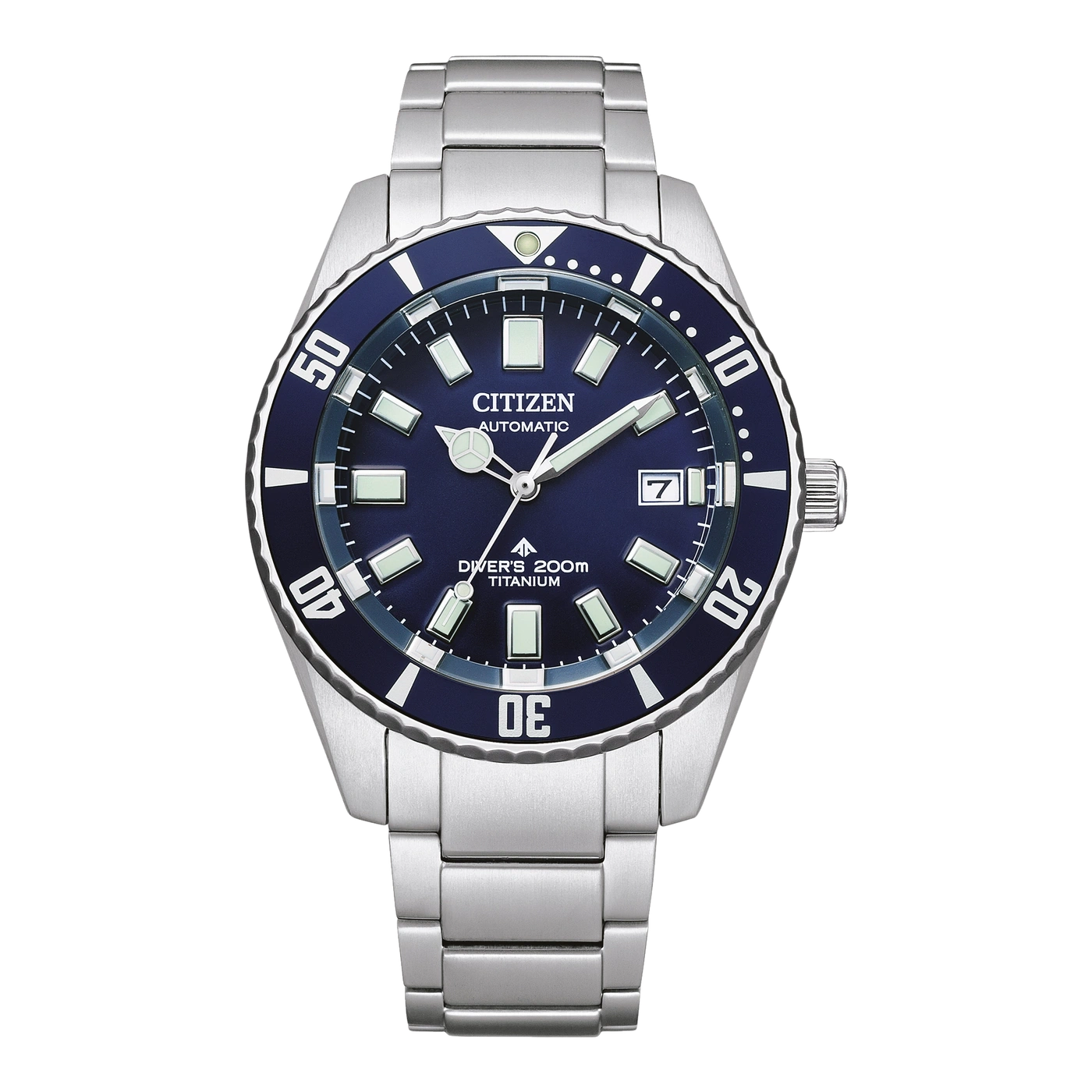 Montre Citizen homme de plongée avec cadran bleu et bracelet en argent.