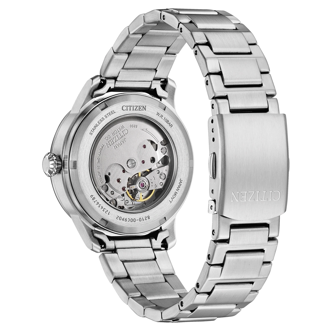 Montre Citizen en acier inoxydable avec fond ouvert et bracelet métallique