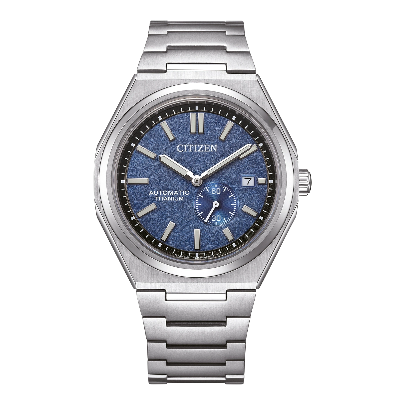 Une montre Citizen automatique en titane avec un cadran bleu texturé.
