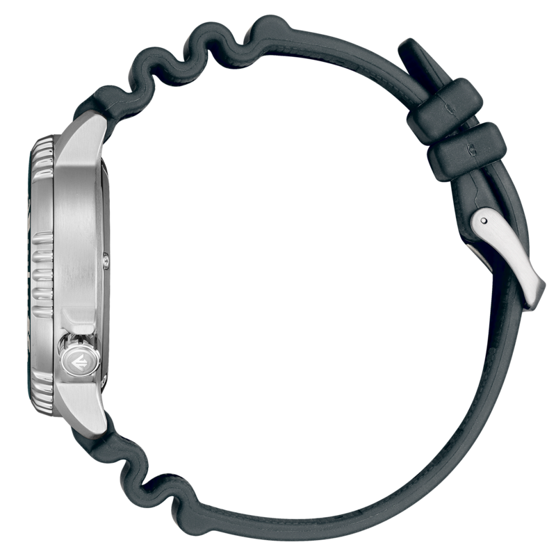 Armbanduhr mit schwarzem Kautschukarmband und Silberschließe.