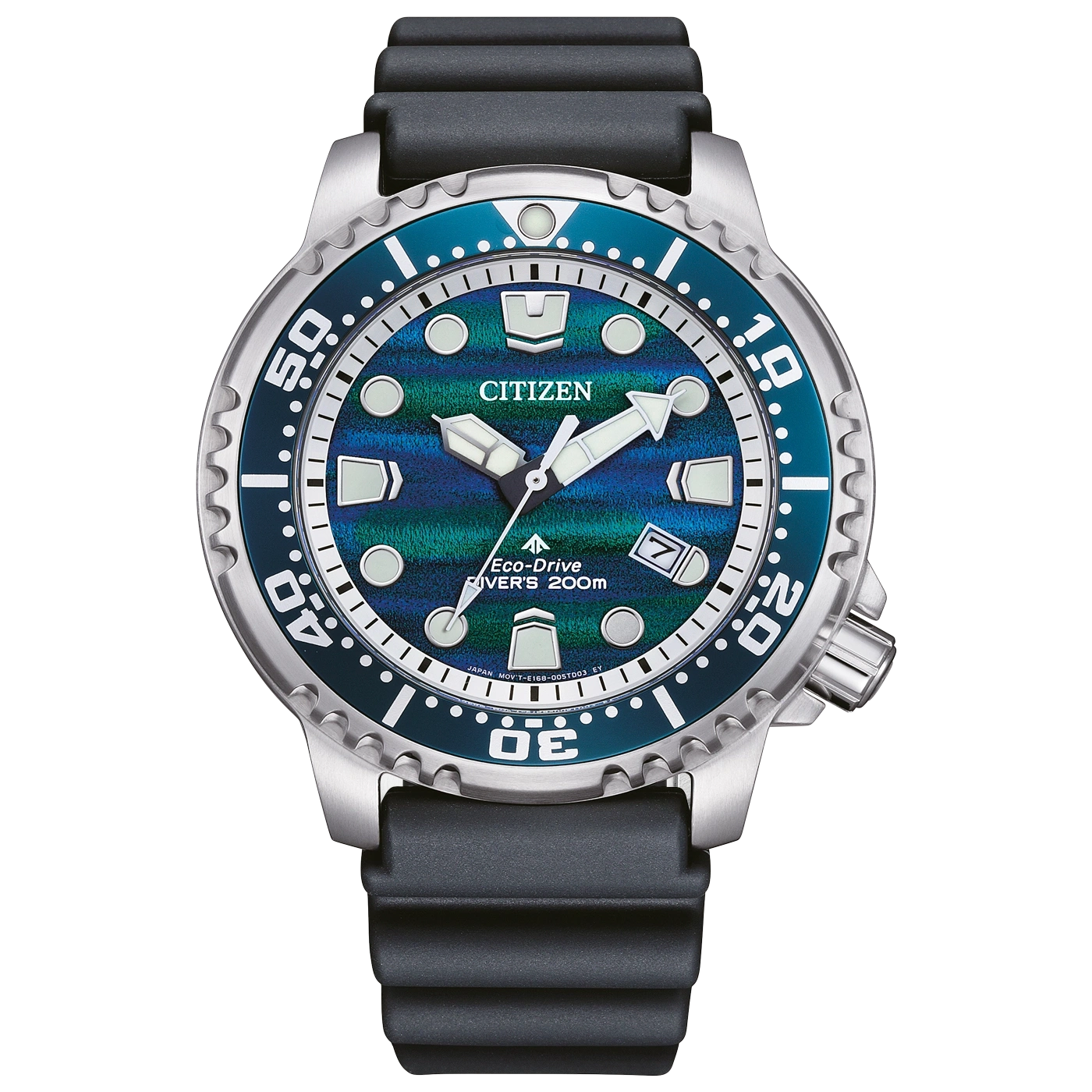 Une montre Citizen Eco-Drive de plongée avec un cadran bleu et vert texturé.