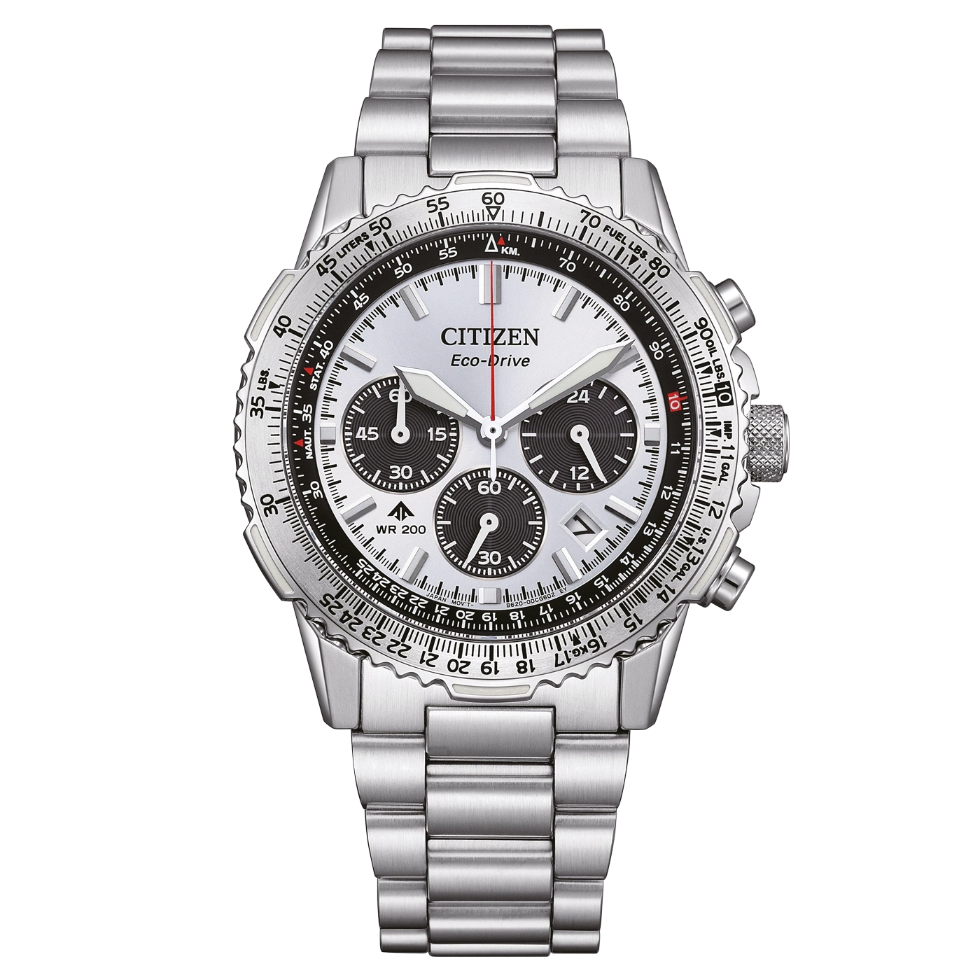 Montre Citizen Eco-Drive argentée avec chronographe et bracelet en métal.