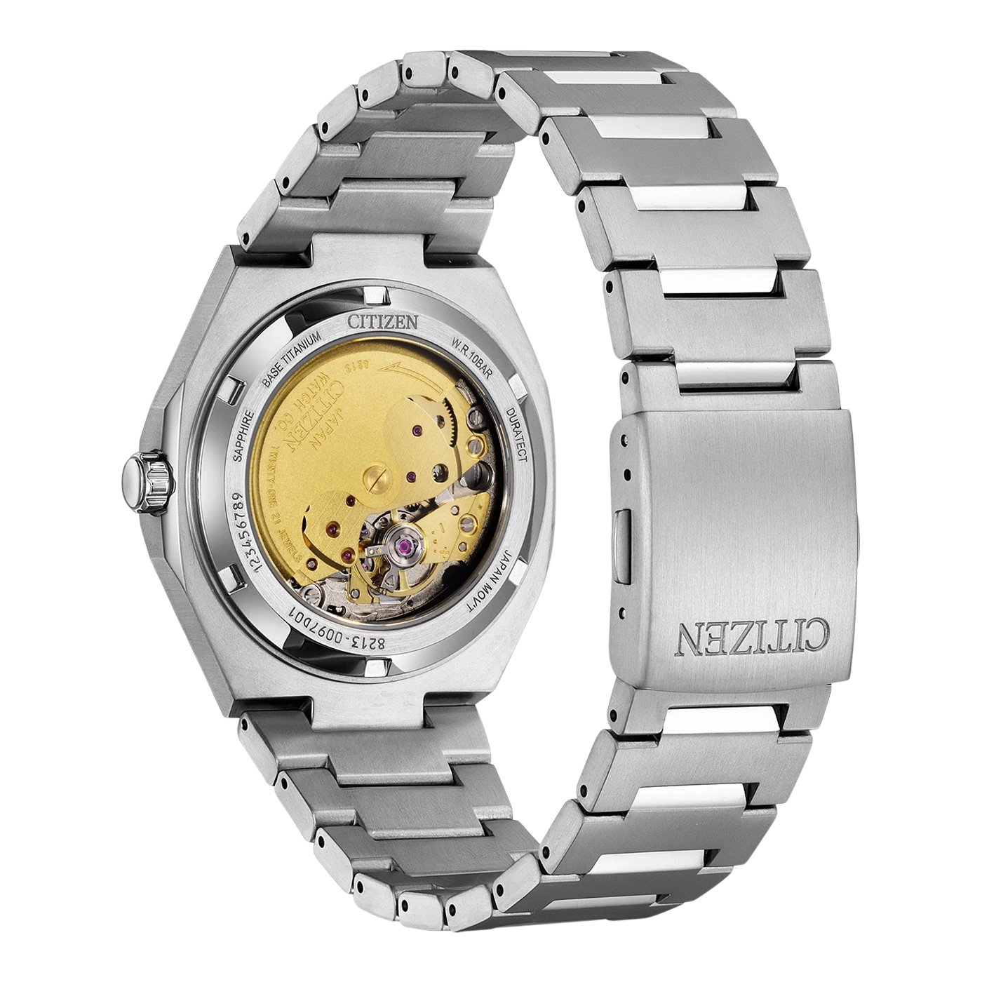 Citizen-Uhr aus Titan mit Sichtboden und Metallarmband.