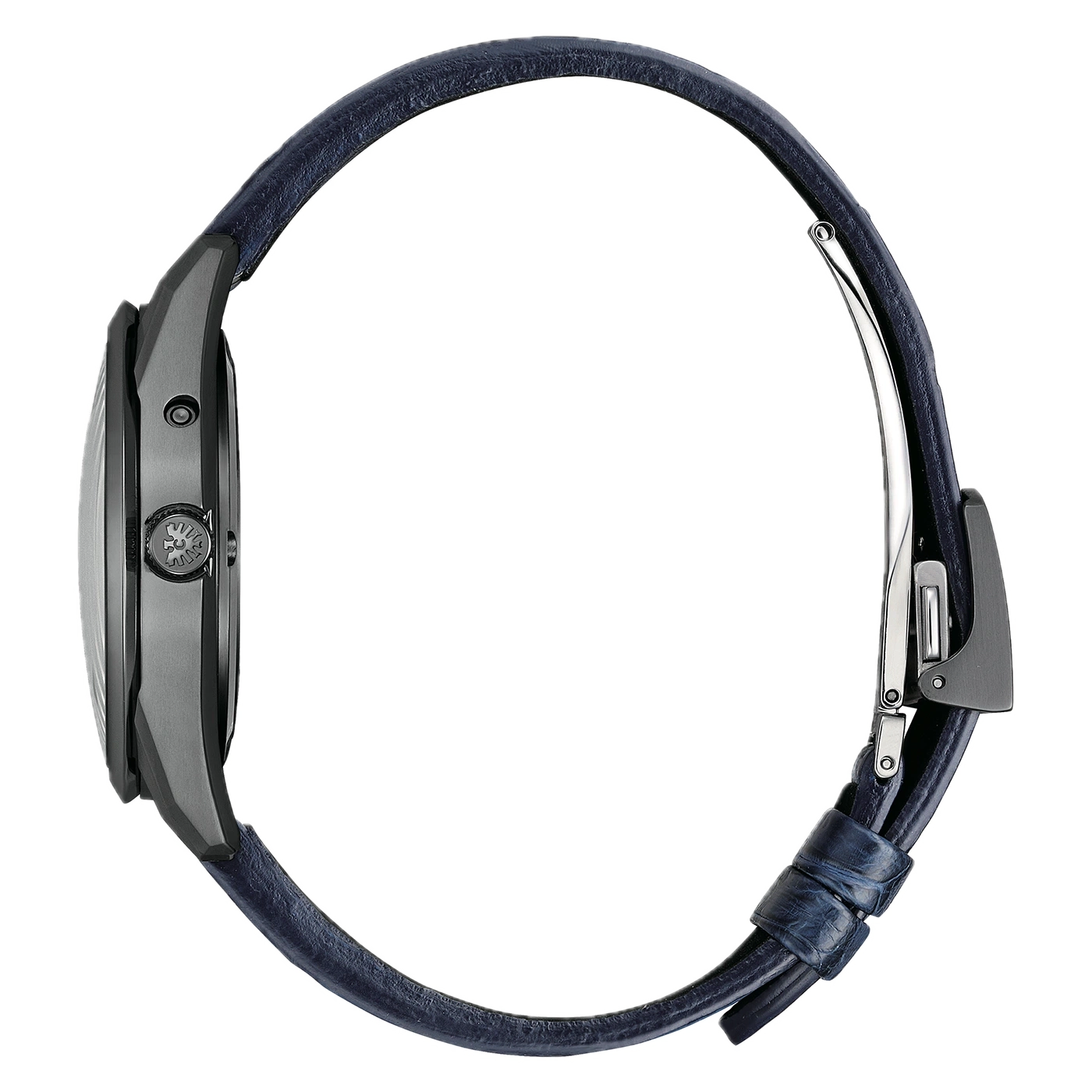 Gros plan sur la boucle et le bracelet d'une montre en cuir bleu.