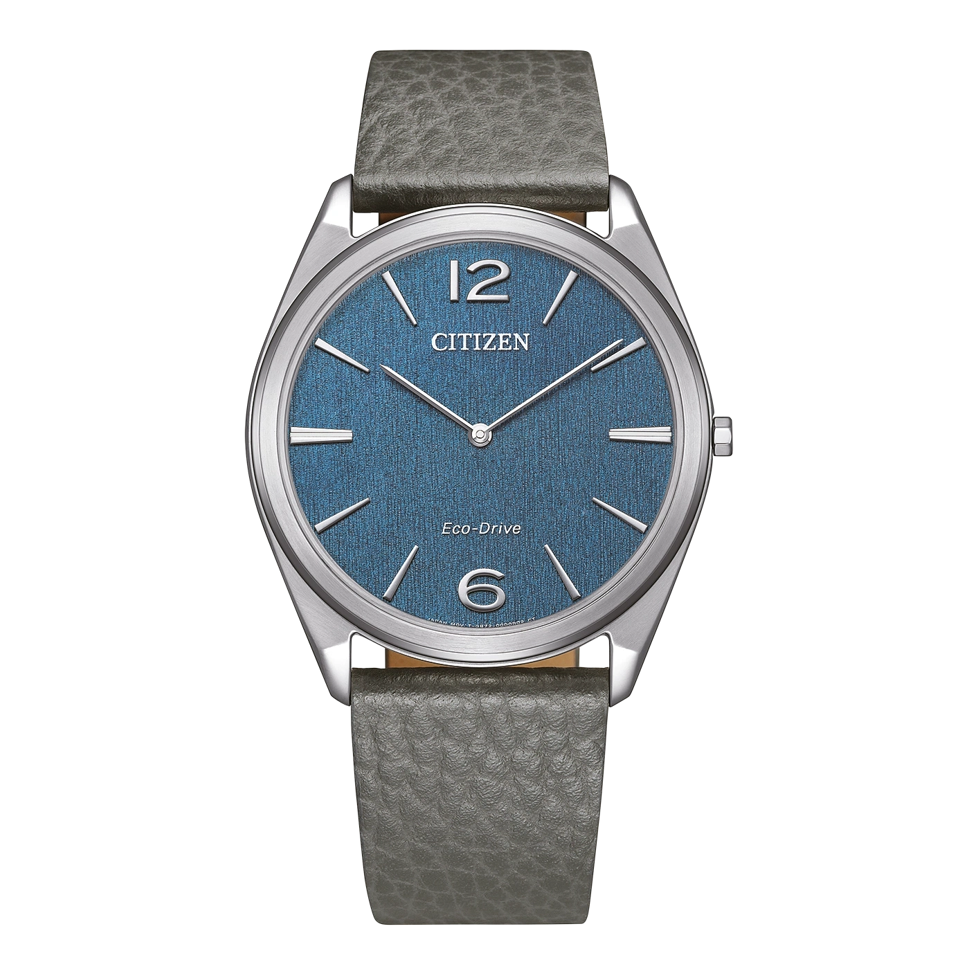 Montre Citizen avec cadran bleu texturé et bracelet gris en cuir.