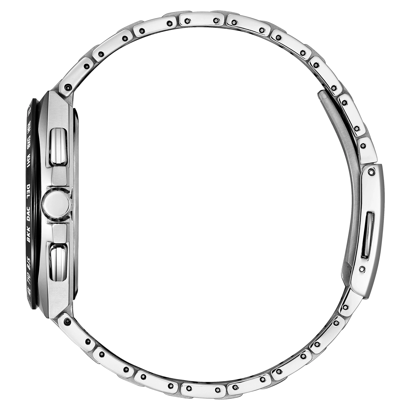 Vue latérale d'une montre bracelet en métal argenté