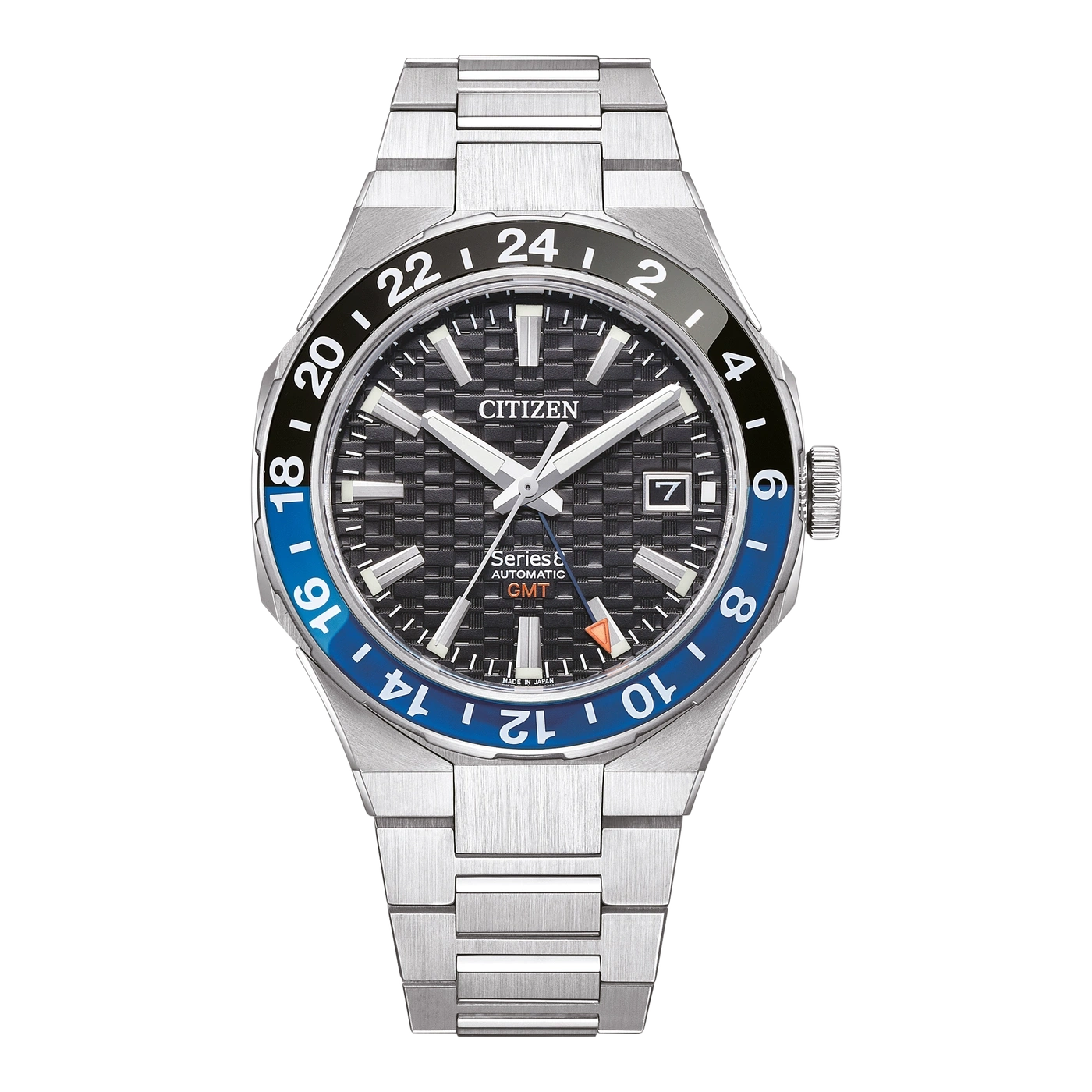 Montre Citizen automatique GMT avec cadran noir texturé et lunette bicolore noir et bleu.