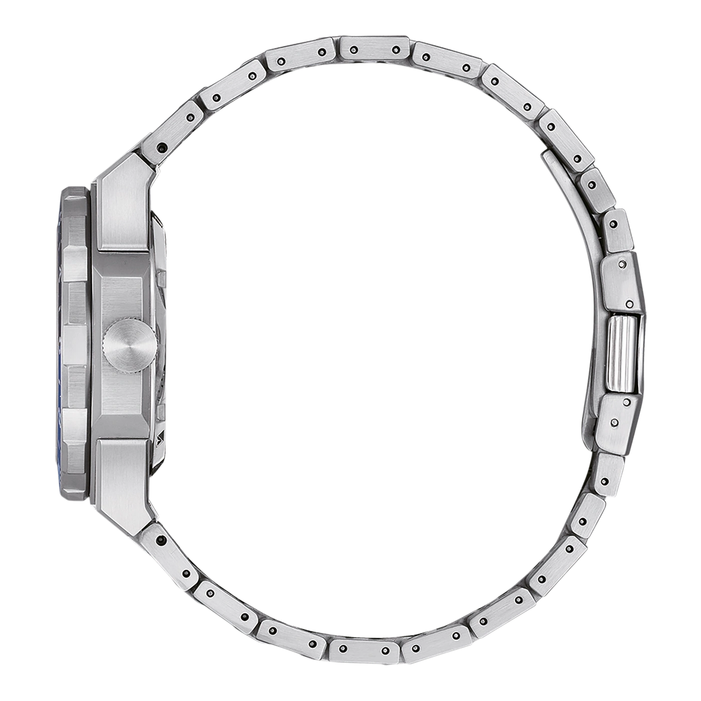 Vue latérale d'une montre bracelet en acier inoxydable