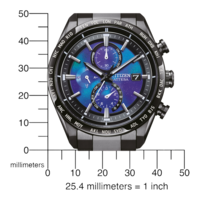 Montre Citizen Attesa avec cadran cosmique, boîtier noir et échelle en millimètres.