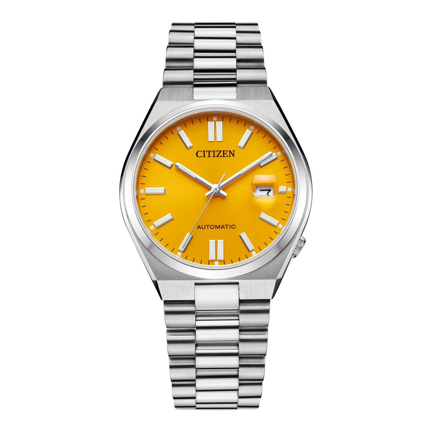 Montre Citizen automatique avec cadran jaune vif et bracelet en argent.
