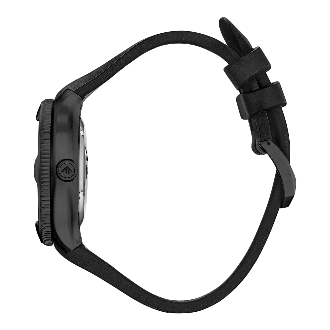 Montre noire avec bracelet en caoutchouc et boucle métallique