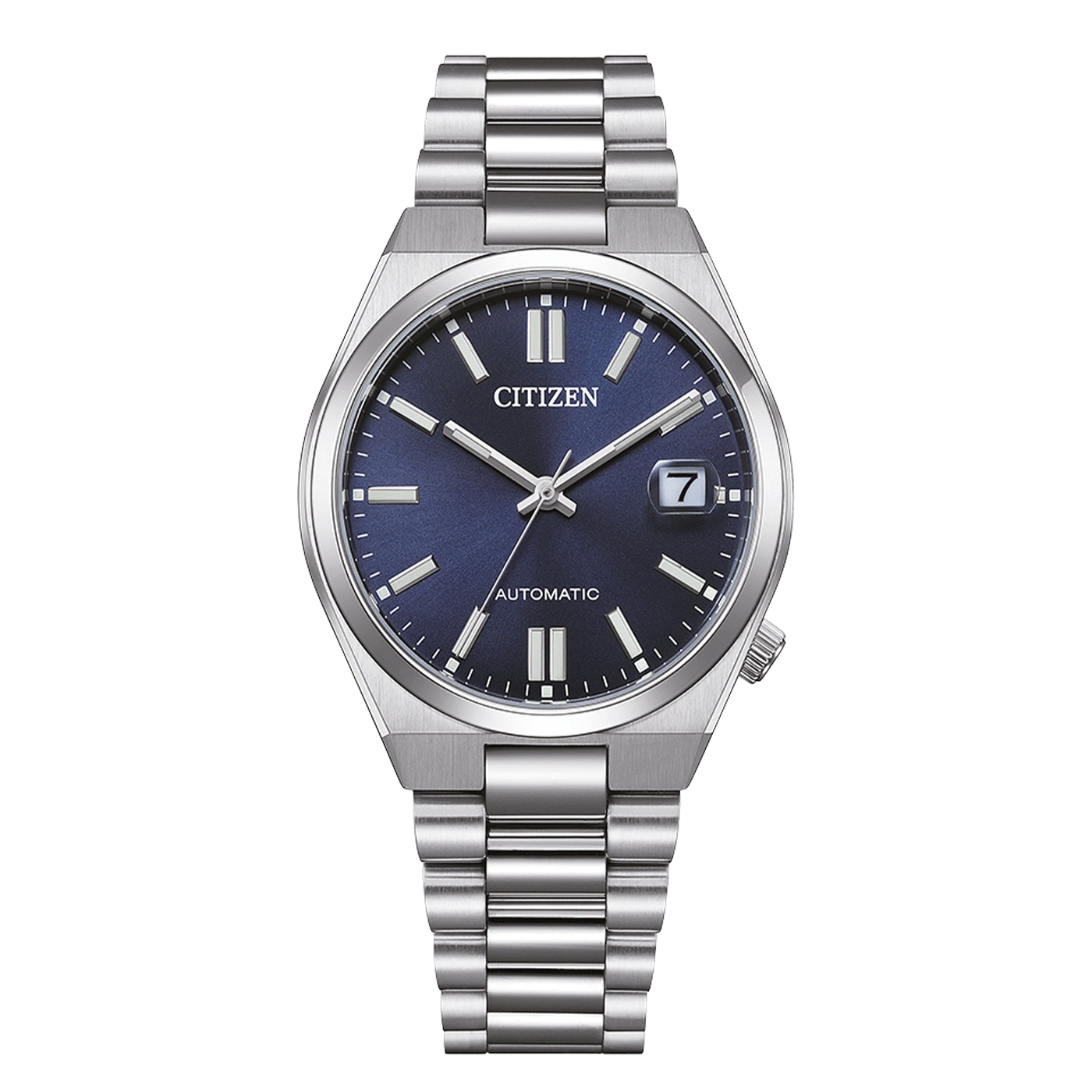 Montre Citizen automatique avec cadran bleu et bracelet en métal.