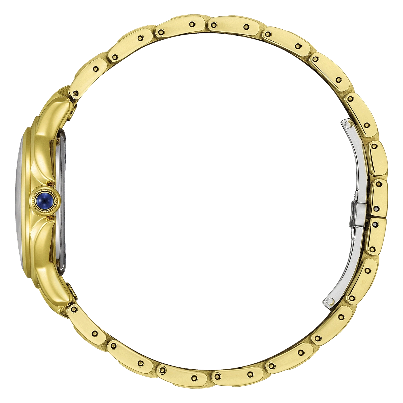 Eine goldene Armbanduhr mit silbernem Verschluss und blauem Stein.