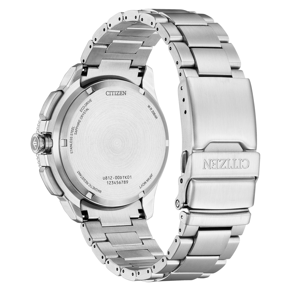 Rückansicht einer Citizen-Uhr aus Edelstahl mit Eco-Drive.