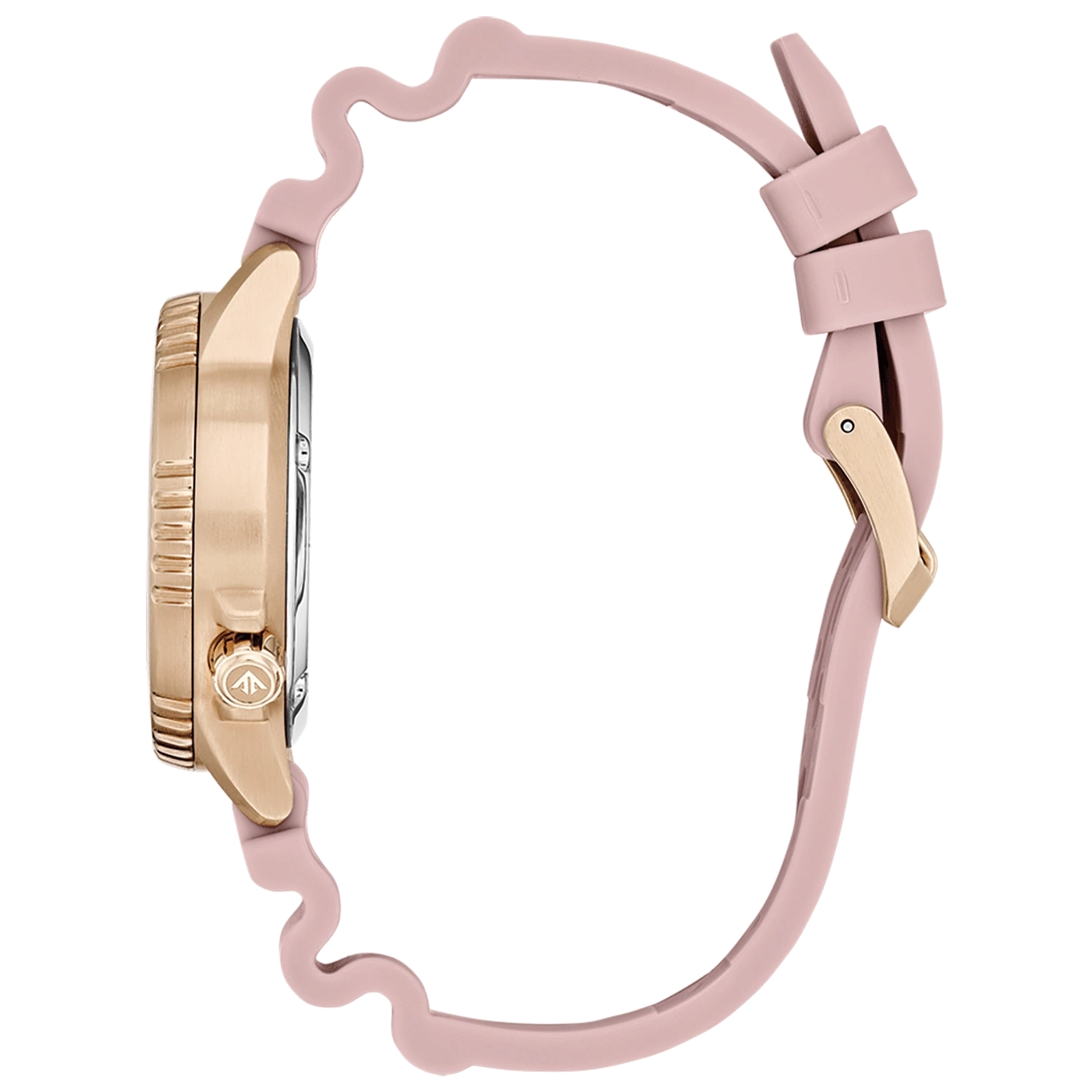 Montre rose avec bracelet en silicone ondulé et fermoir doré.