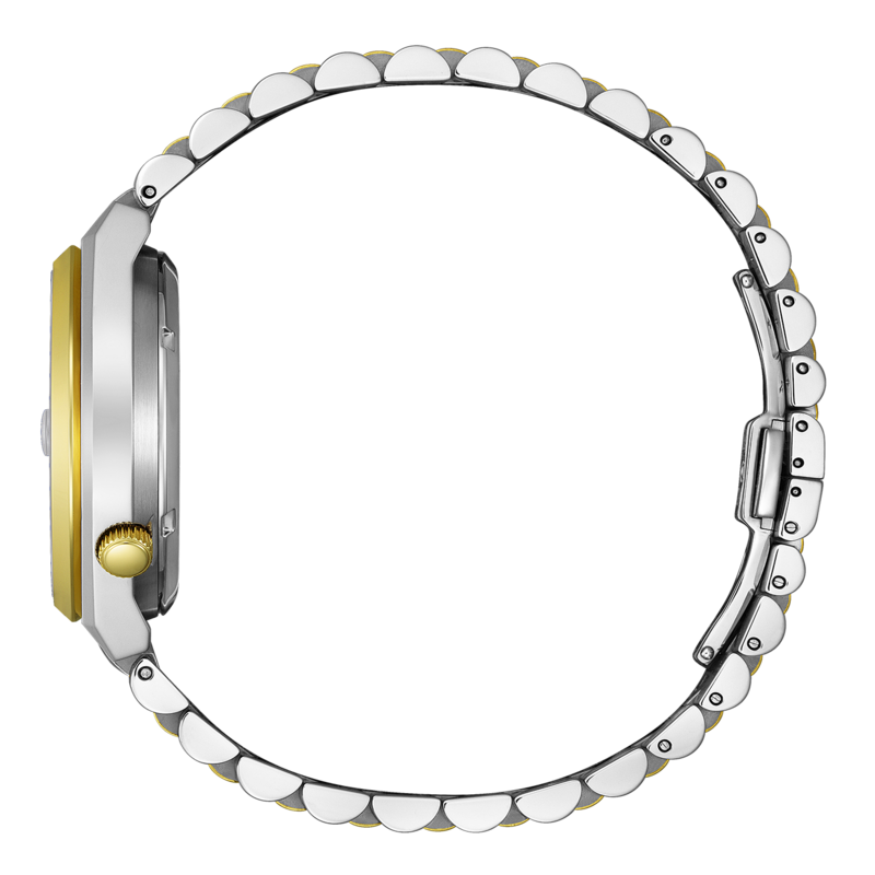 Vue latérale d'une montre-bracelet argent et or avec un bracelet en métal.