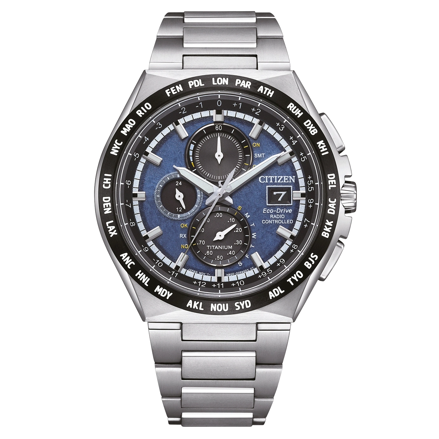 Montre Citizen Eco-Drive Radio Contrôlée avec cadran bleu et bracelet en argent.